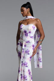 Olivia Romantic Contour Strapless Scarf Ruched Floral Print Mesh Maxi Dress